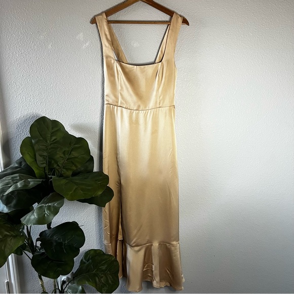 Show me your Mumu Gold Claire Satin Midi Dress Medium - Picture 2 of 9